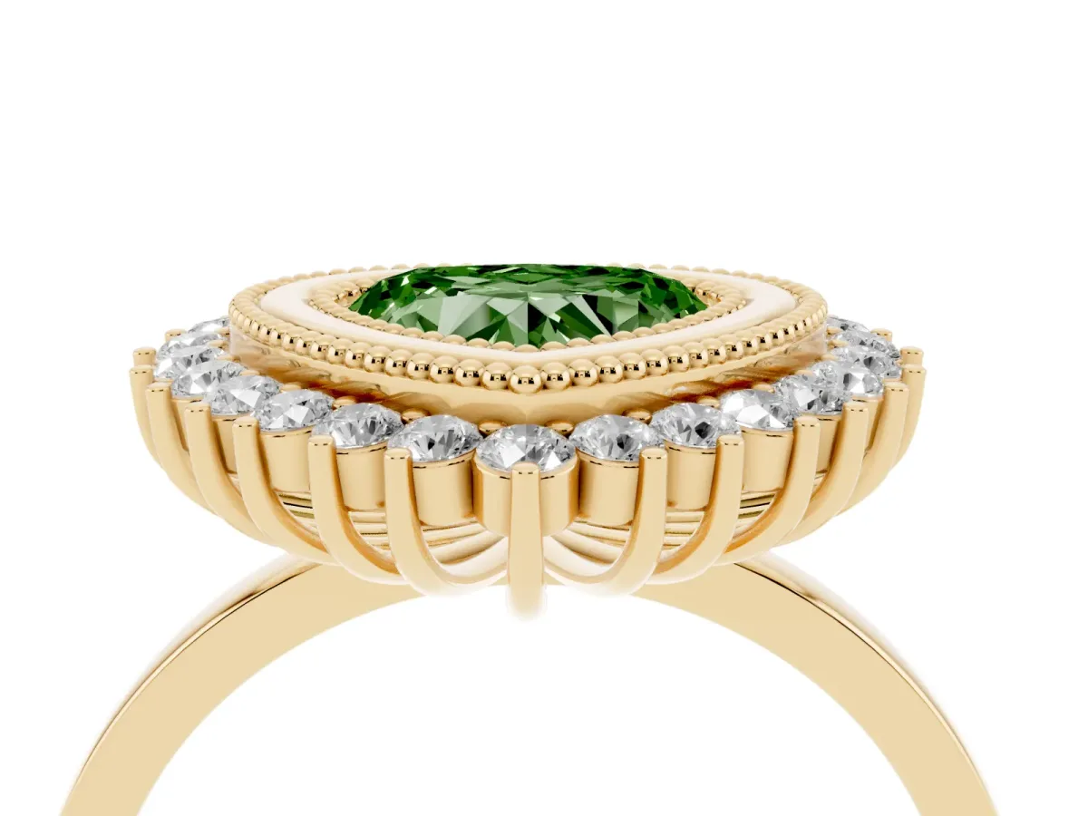 Fancy Green Heart Cut Halo Diamond Ring with Milgrain Edge and Round Prong Setting Yellow gold