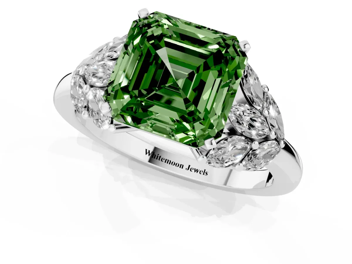 Fancy Green Asscher Cut Diamond Cluster Leaf Design Ring with Prong Setting Silver