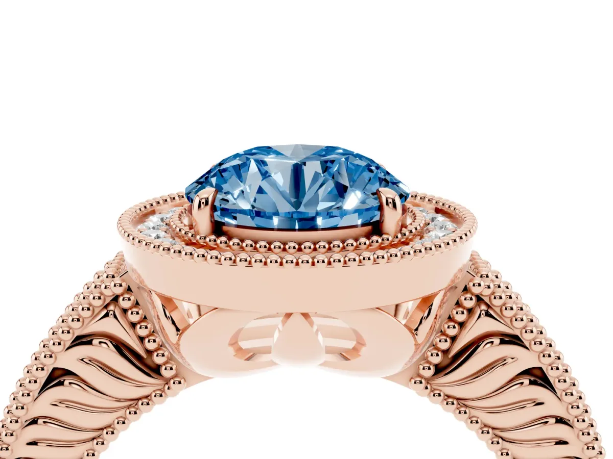 Fancy Blue Round Cut Cut Halo Diamond Ring with Pavé Band and Four-Prong Setting Rose gold