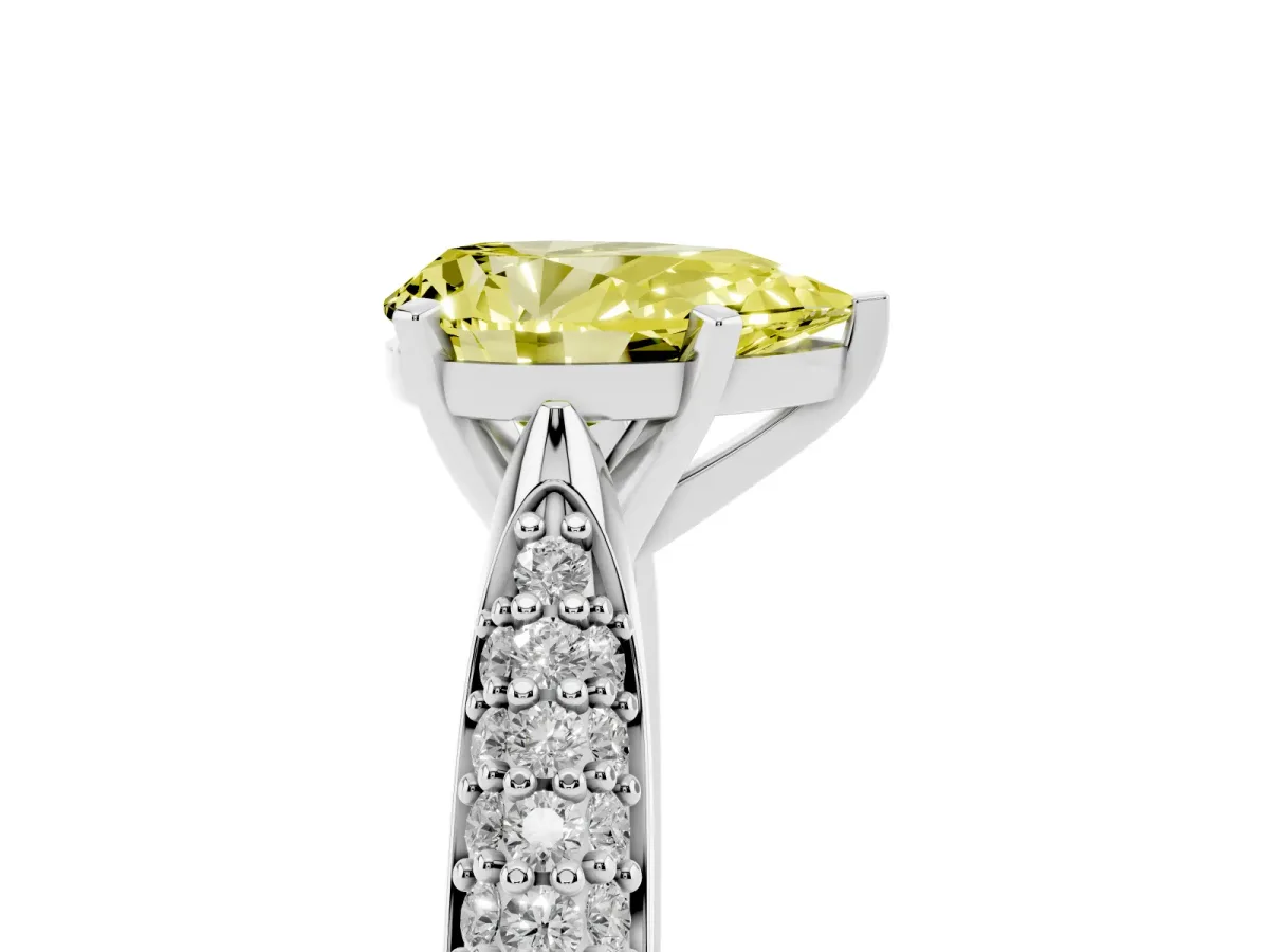 Fancy Yellow Pear Cut Diamond Solitaire Engagement Ring with Multi-Row Round Pavé Band and Prong Setting Silver