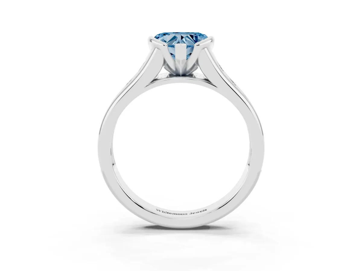 Fancy Blue Heart Cut Solitaire Bezel-Set Diamond Ring with Channel-Set Band Silver
