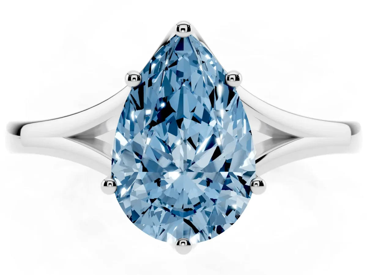 Fancy Blue Pear Cut Solitaire Diamond Ring with Six-Prong Setting and Tapered Band Platinum