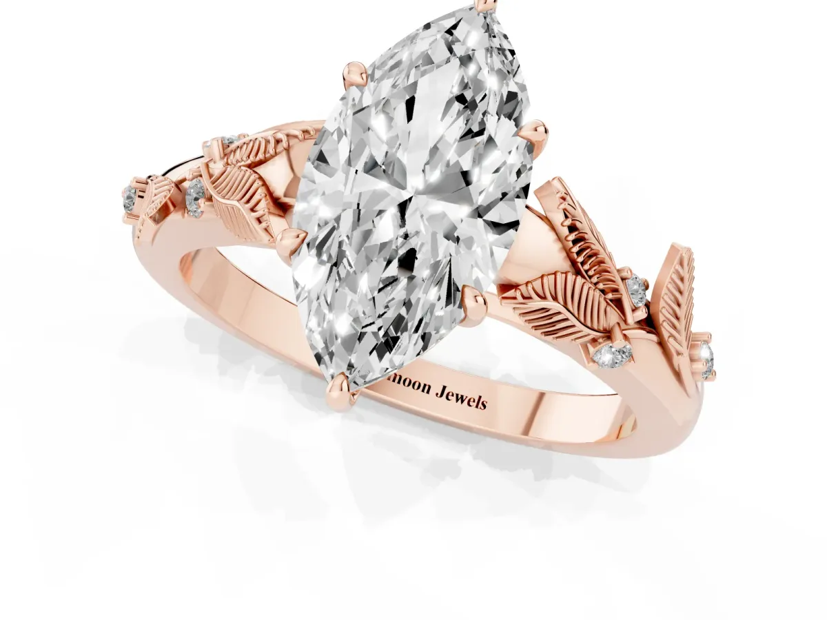 Marquise Cut Diamond Solitaire Ring with Leaf Motif Band and Four-Prong Setting Rose gold