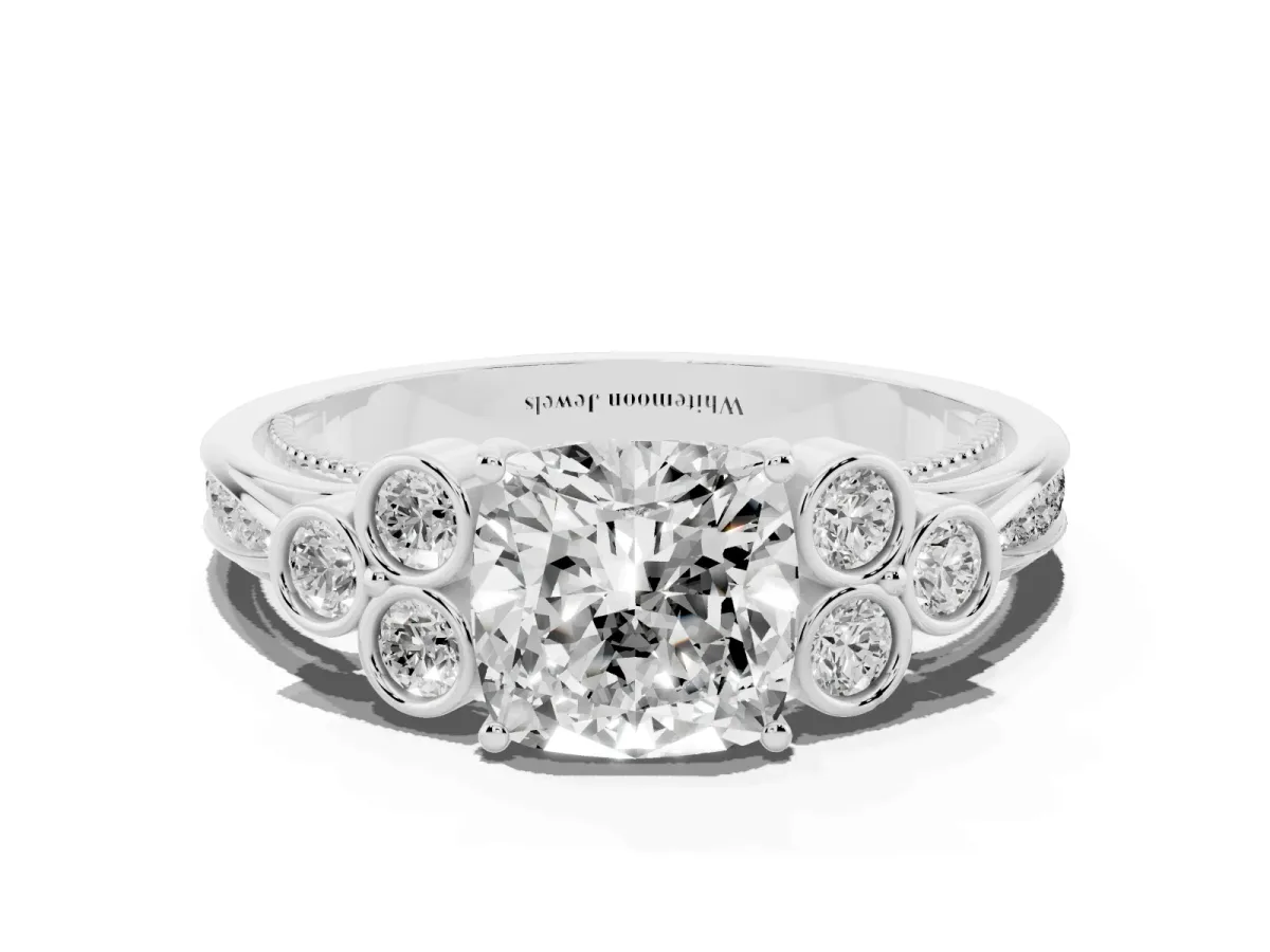 Cushion Cut Cut Diamond Engagement Ring with Bezel Set Round Side Stones and Prong Setting Platinum