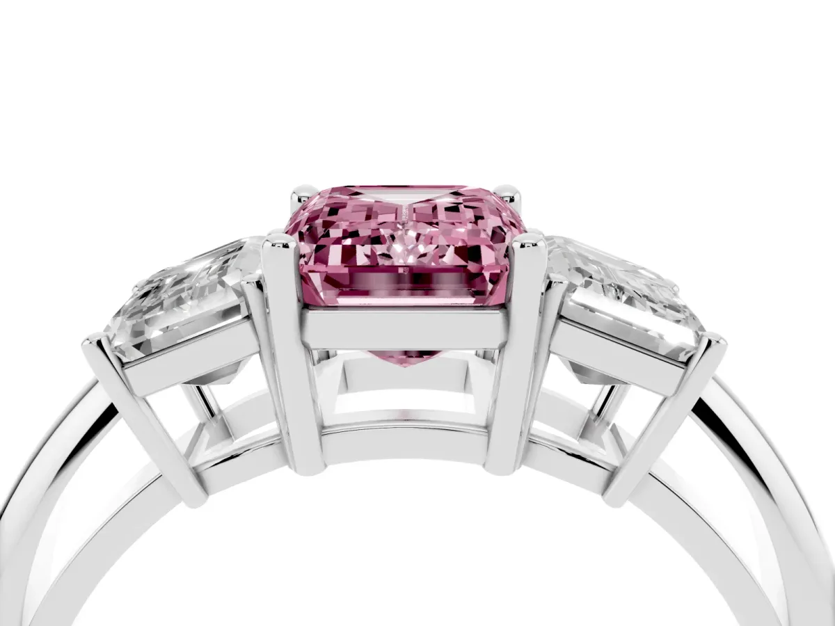 Fancy Pink Three-Stone Emerald Cut Cut Diamond Engagement Ring with Prong Setting on a White Gold Band White gold