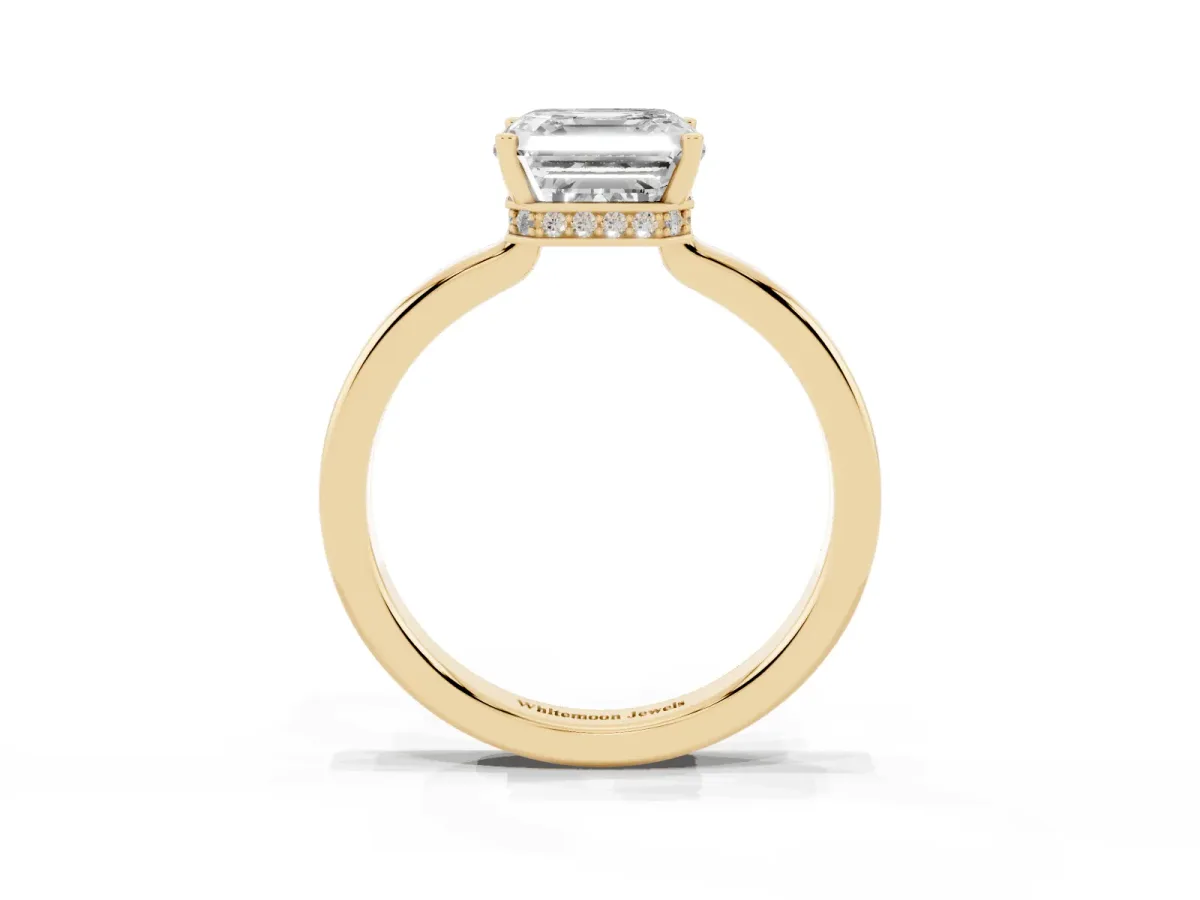 Asscher Cut Cut Solitaire Engagement Ring with Four-Prong Setting on a Classic Band Yellow gold
