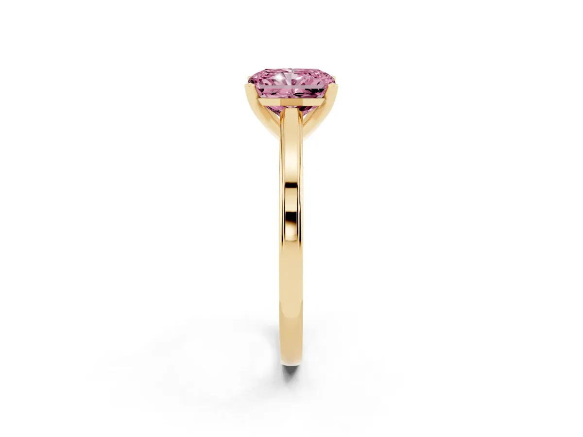 Fancy Pink Radiant Cut Solitaire Diamond Ring with Four-Prong Setting and Classic Band Yellow gold