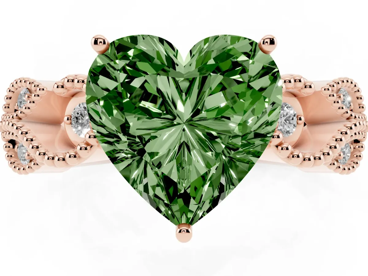 Fancy Green Heart Cut Solitaire Milgrain Leaf Band with Prong Setting Rose gold
