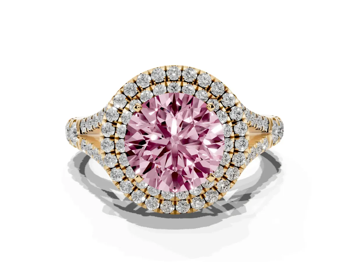 Fancy Pink Double Halo Round Cut Diamond Split Shank Engagement Ring with Four-Prong Setting Yellow gold