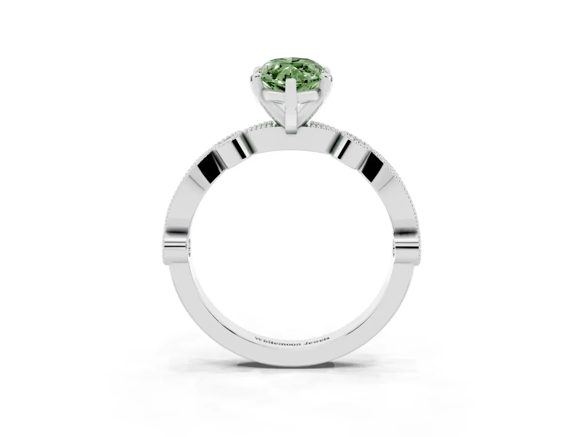 Fancy Green Marquise Cut Milgrain Bezel Diamond Engagement Ring with Solitaire Prong Setting Silver