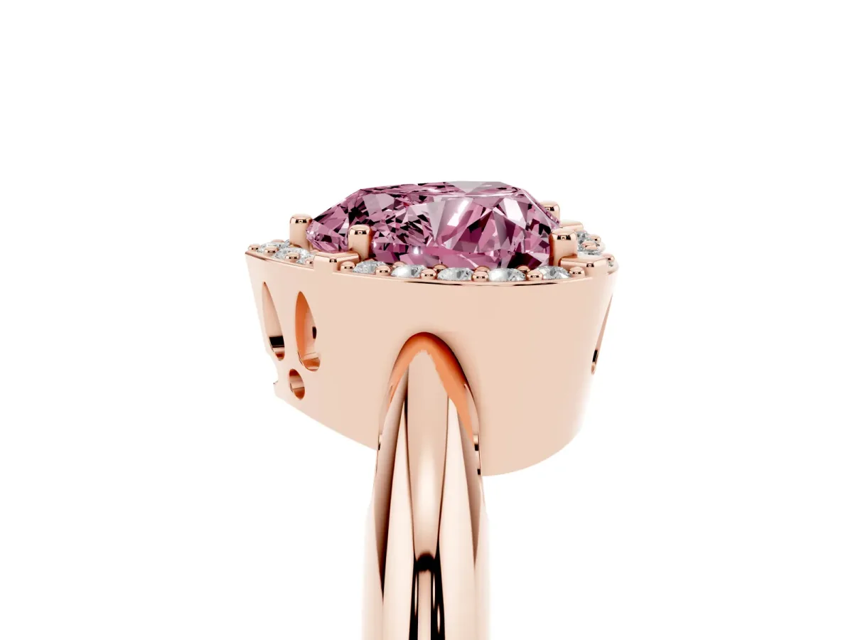 Fancy Pink Heart Cut Cut Diamond Halo Engagement Ring with Split Shank and Four-Prong Setting Rose gold