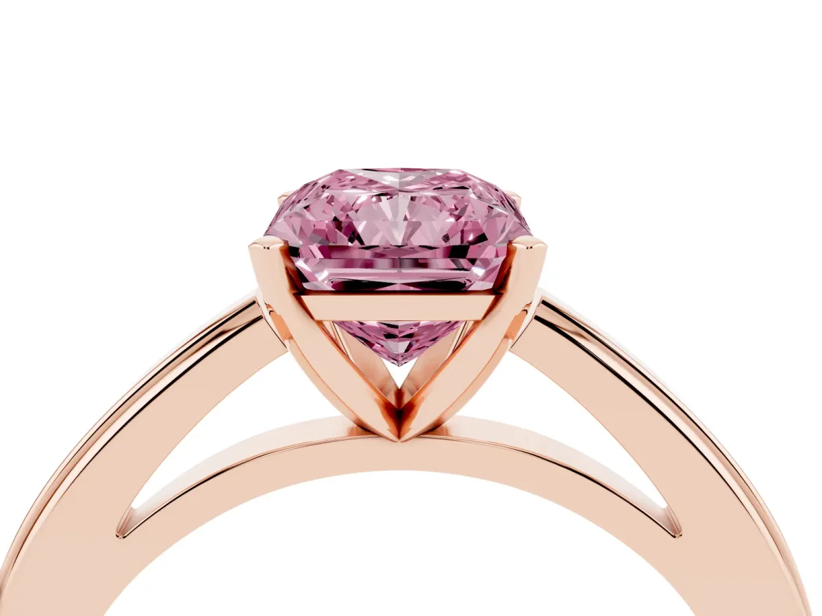 Fancy Pink Radiant Cut Solitaire Diamond Ring with Four-Prong Setting and Classic Band Rose gold