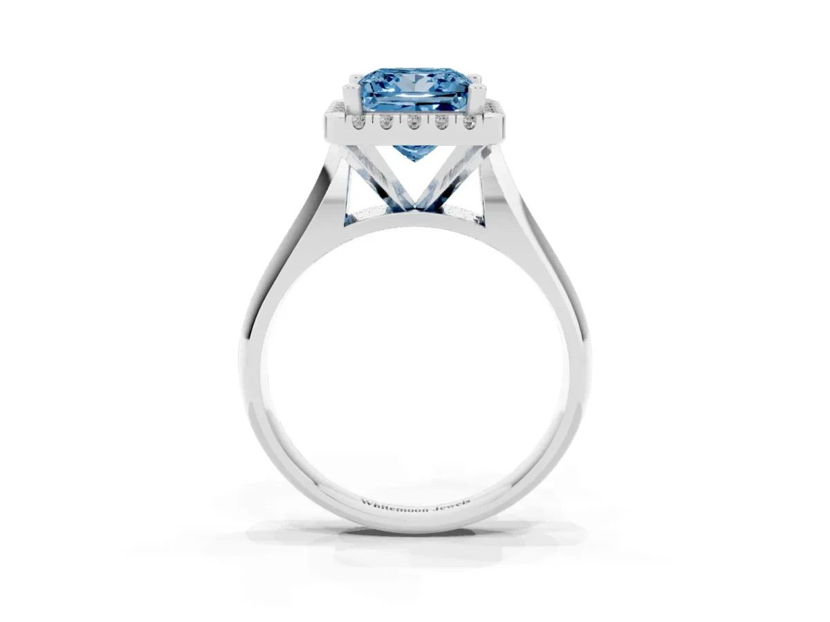 Fancy Blue Princess Cut Cut Halo Solitaire Engagement Ring with Square Band and Four-Prong Setting Silver