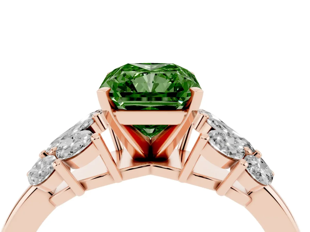 Fancy Green Radiant Cut Diamond Cluster Leaf Design Ring with Prong Setting Rose gold