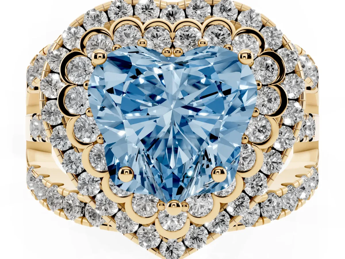 Fancy Blue Heart Cut Diamond Double Halo Ring with Round Pavé Split Shank and Prong Setting Yellow gold