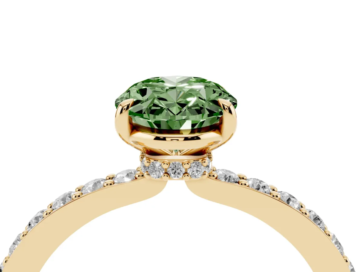 Fancy Green Oval Cut Diamond Pavé Engagement Ring with Round Accents and Prong Setting Yellow gold