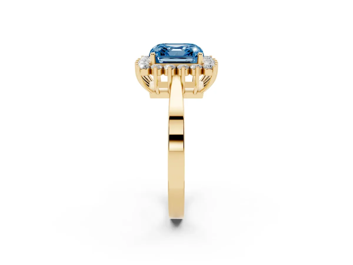 Fancy Blue Asscher Cut Cut Diamond Halo Ring with Round Brilliant Halo and Solitaire Band Yellow gold