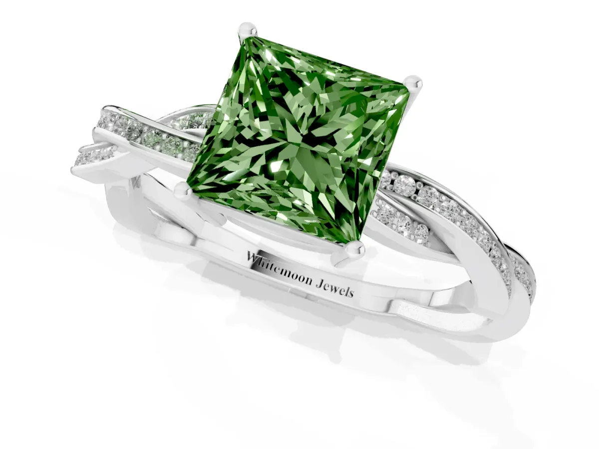Fancy Green Princess Cut Solitaire Twisted Pave Diamond Ring with Four-Prong Setting Silver