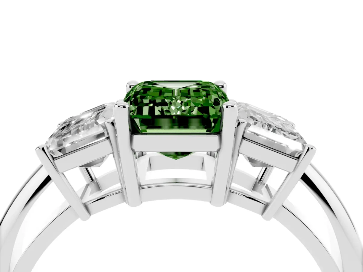 Fancy Green Three-Stone Emerald Cut Cut Diamond Engagement Ring with Prong Setting on a White Gold Band White gold
