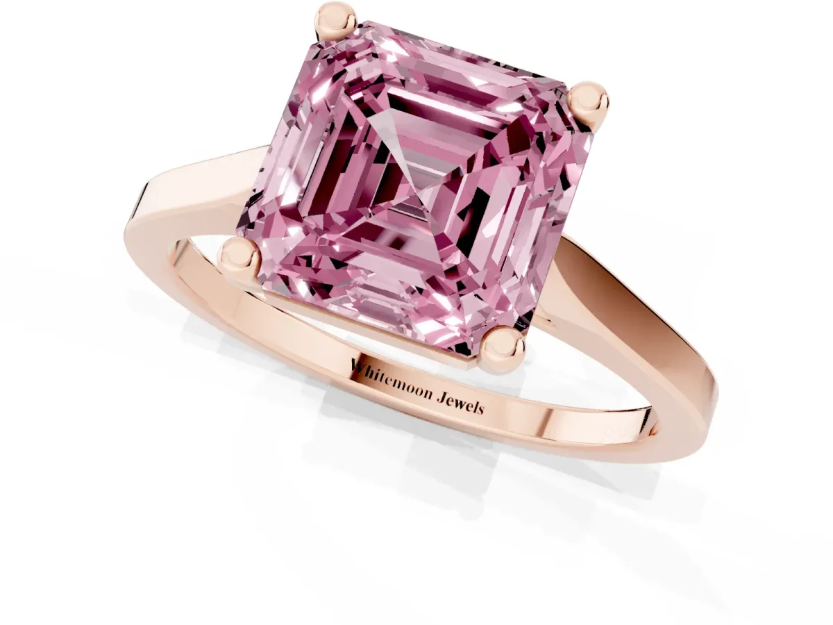 Fancy Pink Asscher Cut Solitaire Diamond Ring with Four-Prong Setting and Tapered Band Rose gold