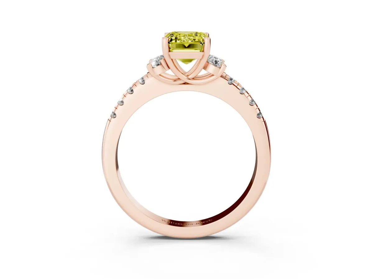 Fancy Yellow Emerald Cut Diamond Three-Stone Pave Band with Four-Prong Setting Rose gold