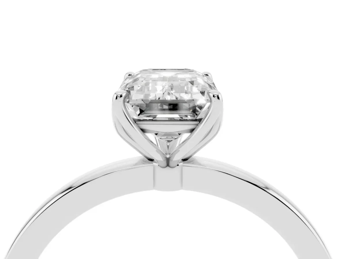 Emerald Cut Diamond Solitaire Ring with Thin Band and Prong Setting Silver
