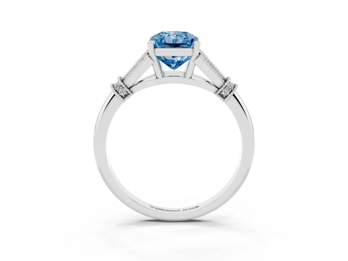 Fancy Blue Radiant Cut Diamond Solitaire Ring with Floral Filigree and Pave Accents White gold