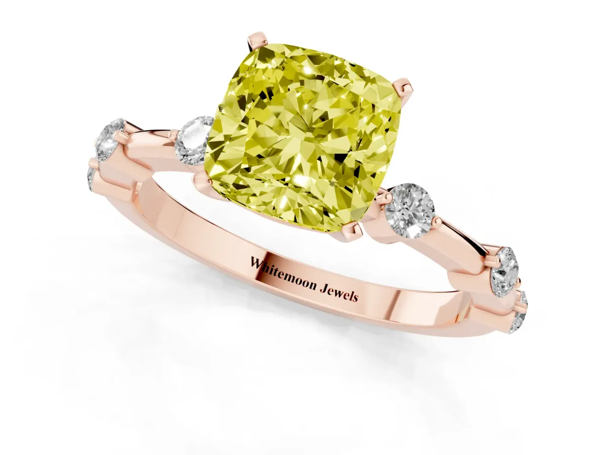 Fancy Yellow Cushion Cut Solitaire Diamond Ring with Bezel Set Side Stones and Prong Setting Rose gold