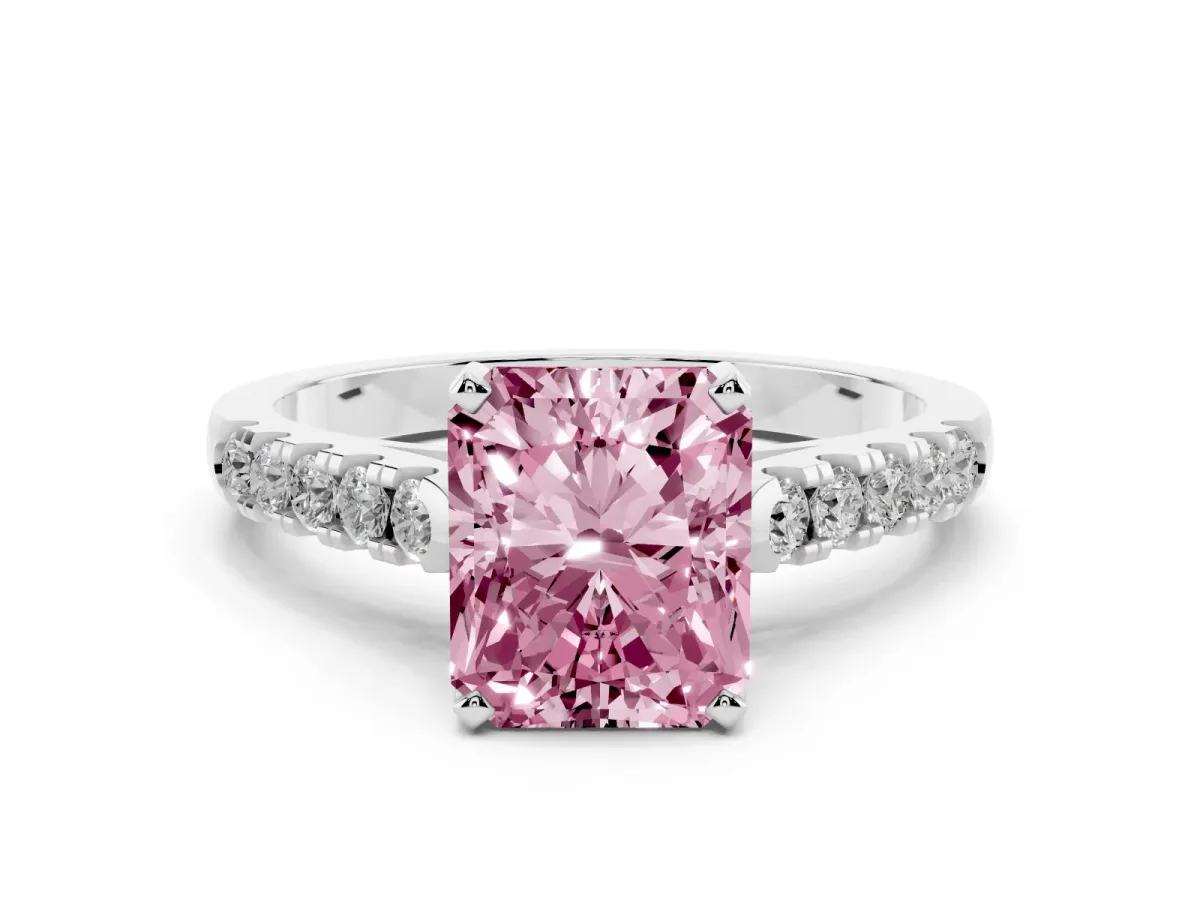 Fancy Pink Radiant Cut Diamond Pavé Band Solitaire Ring with Prong Setting Silver