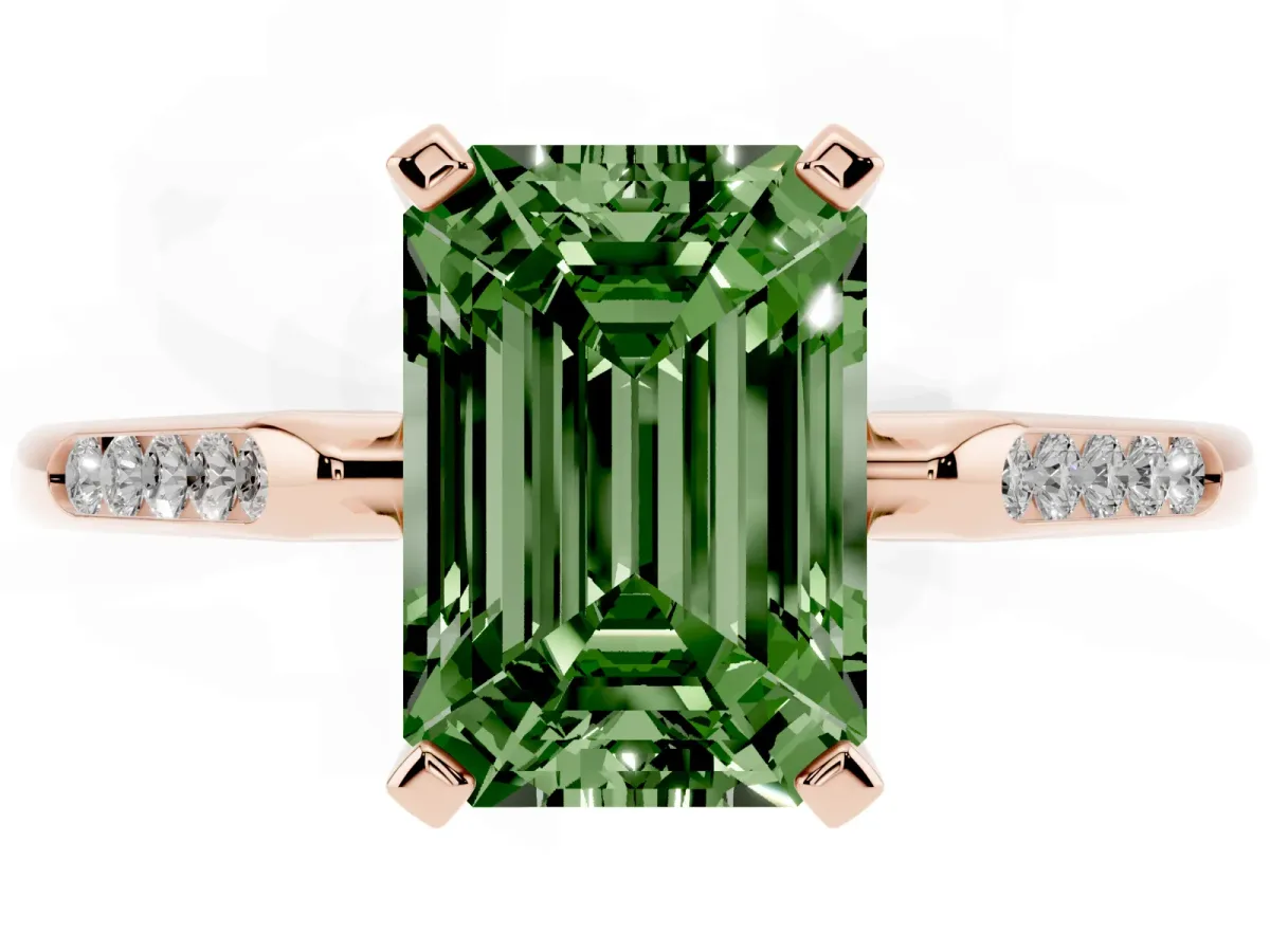 Fancy Green Emerald Cut Diamond Solitaire Ring with Channel Set Round Band and Prong Setting Rose gold