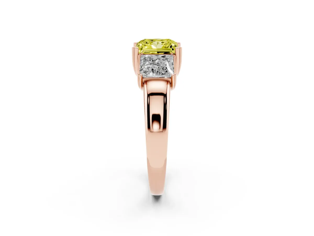 Fancy Yellow Three-Stone Princess Cut Cut Diamond Ring with Channel Set Band and Four-Prong Setting Rose gold