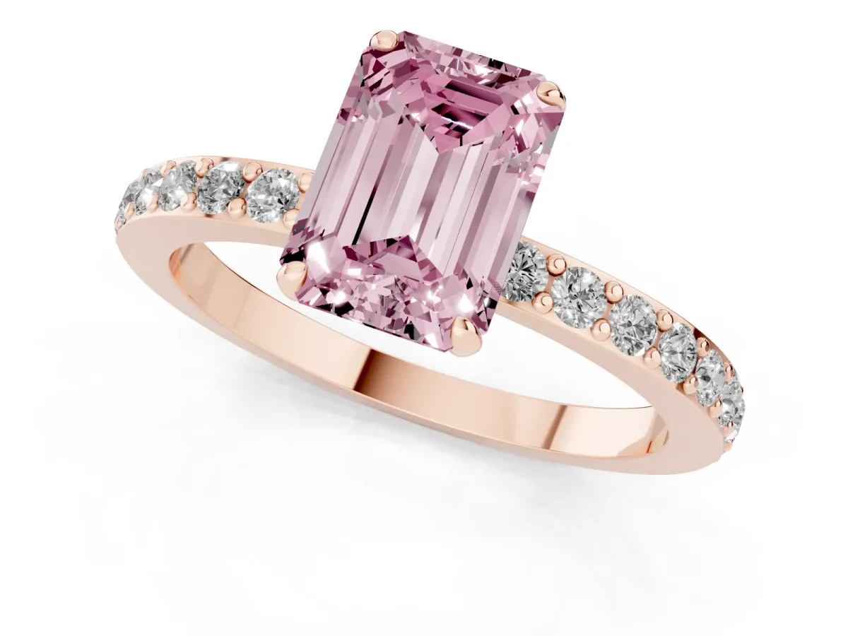 Fancy Pink Emerald Cut Diamond Solitaire Engagement Ring with Pavé Band and Four-Prong Setting Rose gold