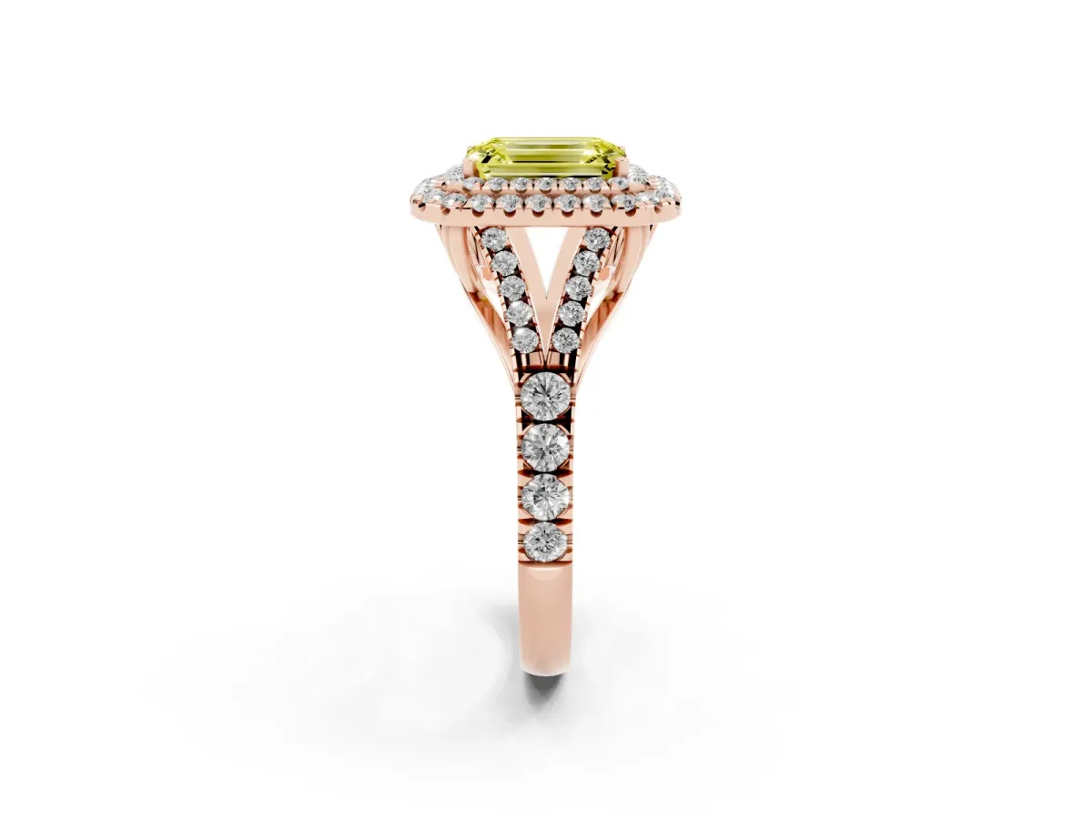Fancy Yellow Emerald Cut Diamond Pavé Split Shank Double Halo Engagement Ring Rose gold