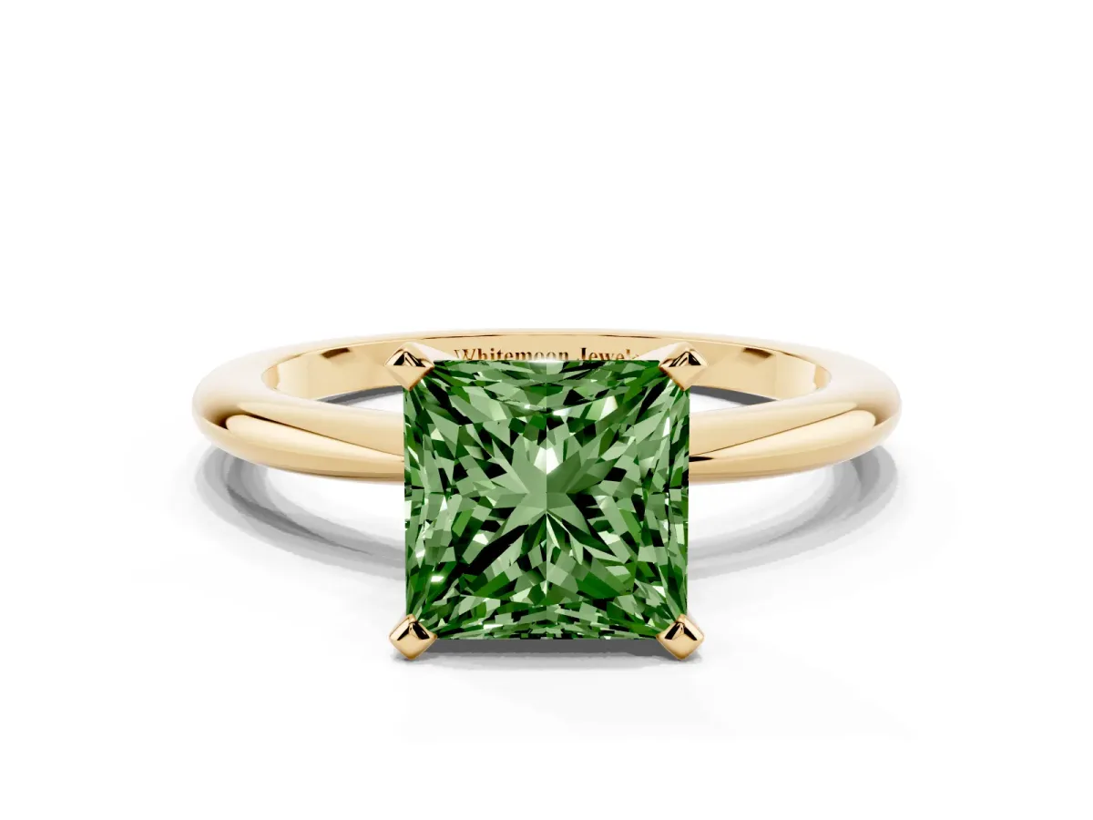 Fancy Green Princess Cut Diamond Solitaire Ring with Prong Setting and Classic Band Yellow gold