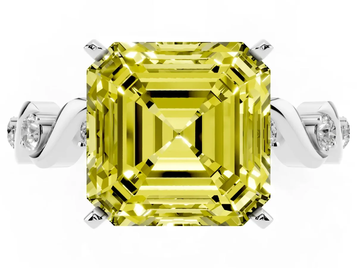 Fancy Yellow Asscher Cut Diamond Solitaire Twisted Band with Round Accents and Prong Setting Platinum