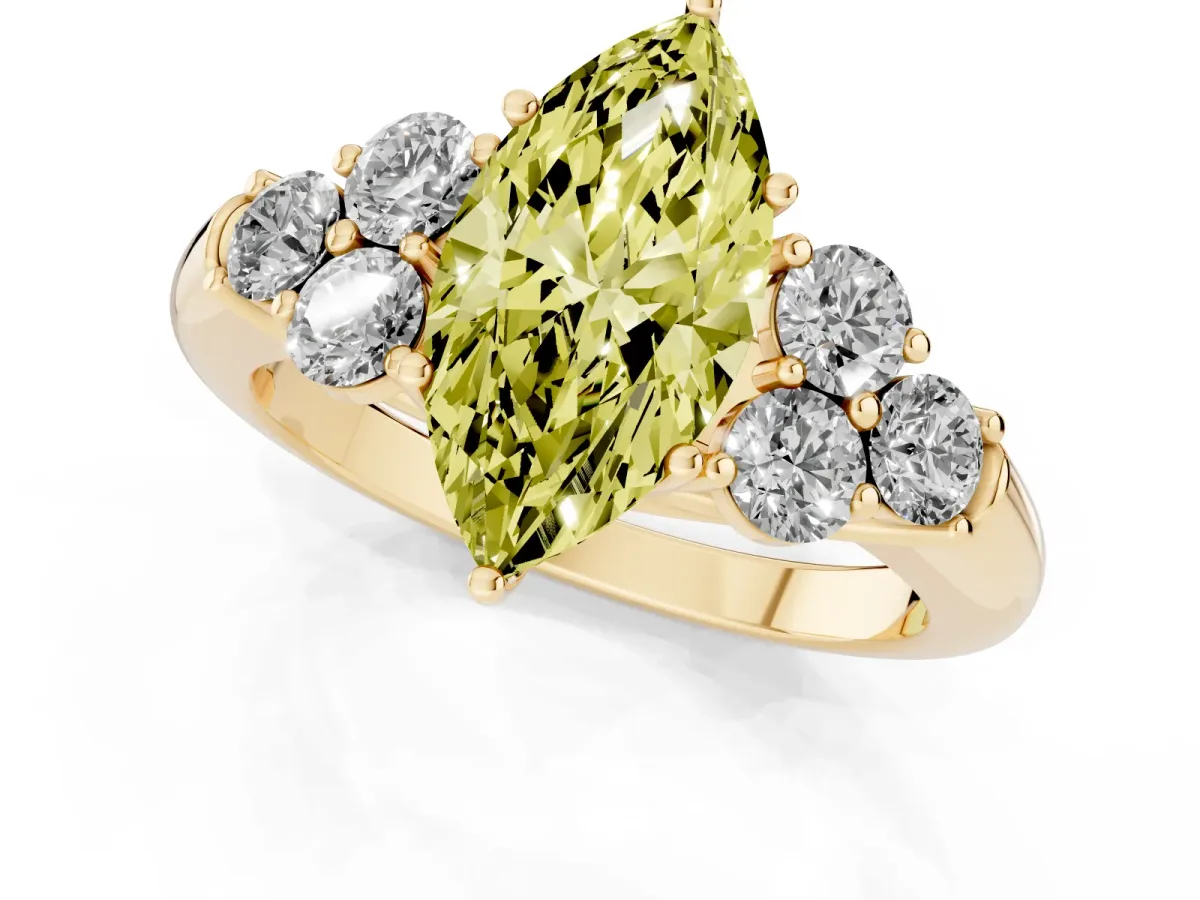 Fancy Yellow Marquise Cut Cut Diamond Cluster Ring with Round Accent Stones and Prong Setting on a Classic Band Yellow gold