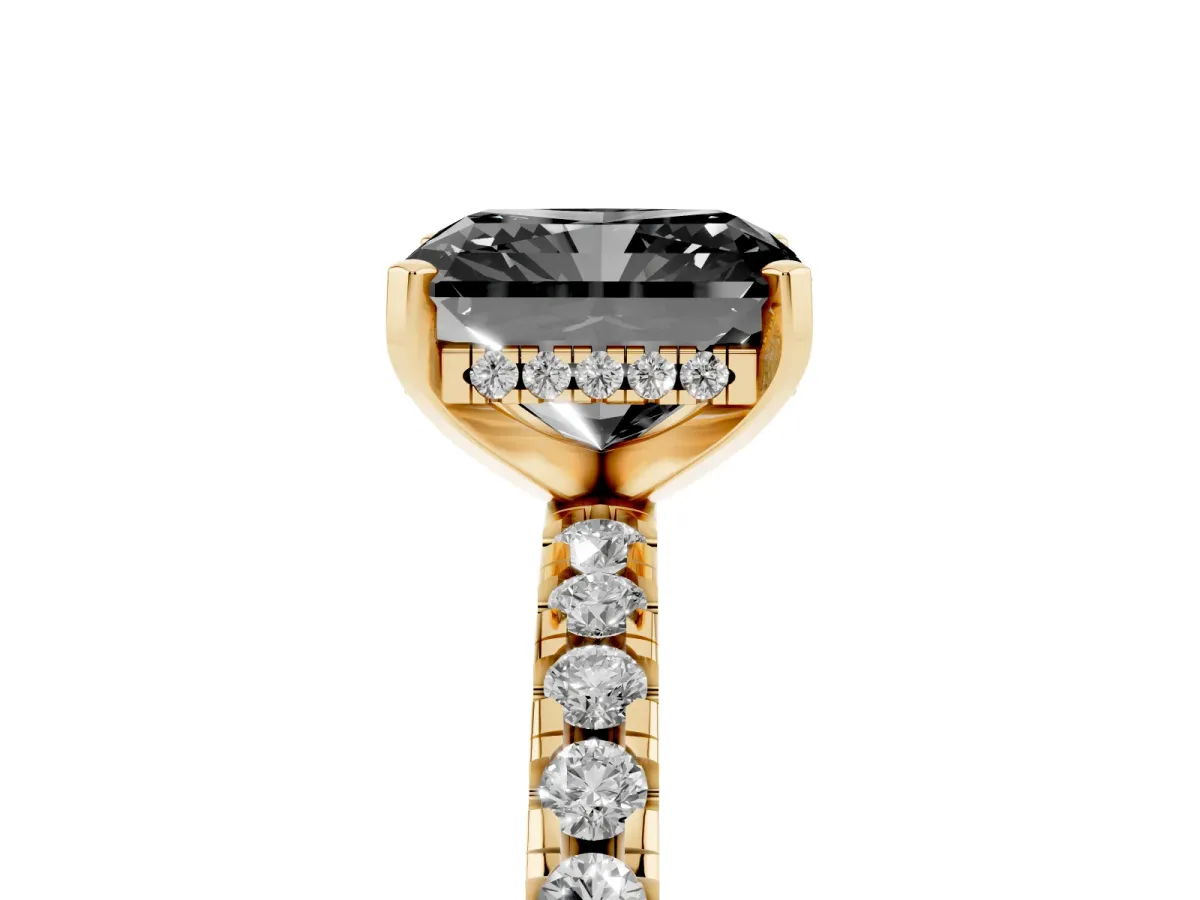 Fancy Black Radiant Cut Diamond Solitaire Ring with Round Pavé Band and Four-Prong Setting Yellow gold