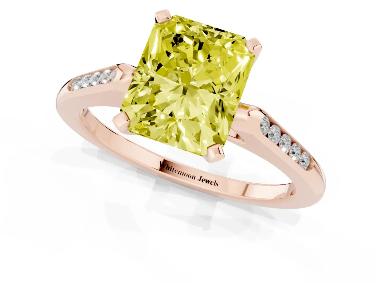 Fancy Yellow Radiant Cut Diamond Solitaire Ring with Channel Set Round Band and Prong Setting Rose gold