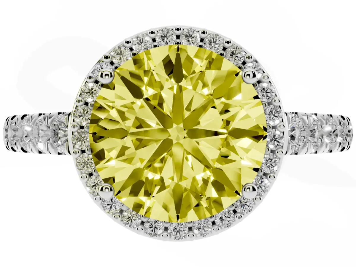 Fancy Yellow Round Cut Cut Halo Diamond Engagement Ring with Pave Band and Four-Prong Setting White gold
