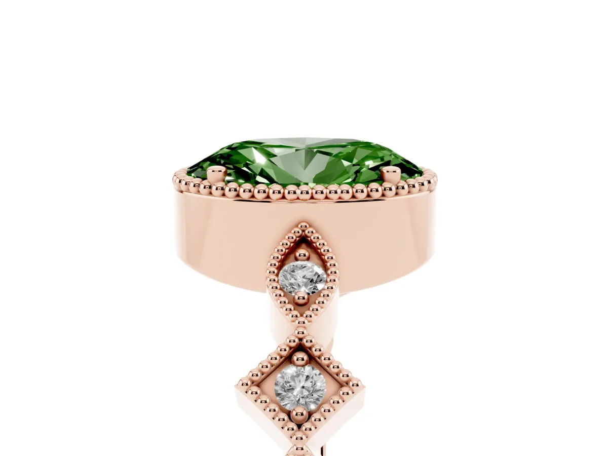 Fancy Green Oval Cut Milgrain Marquise Diamond Twist Band Ring Rose gold