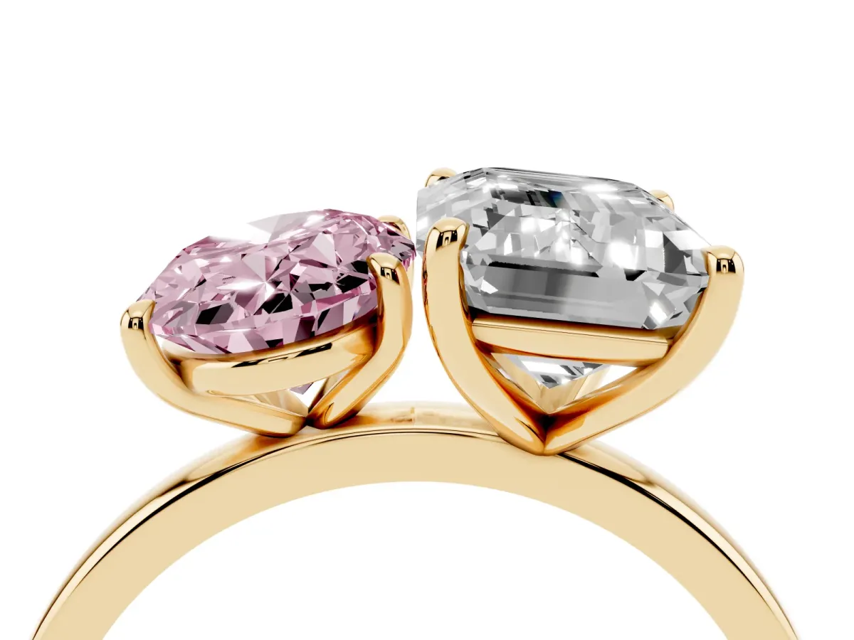 Fancy Pink Oval Cut and Emerald Cut Toi Moi Ring with Prong Setting Yellow gold