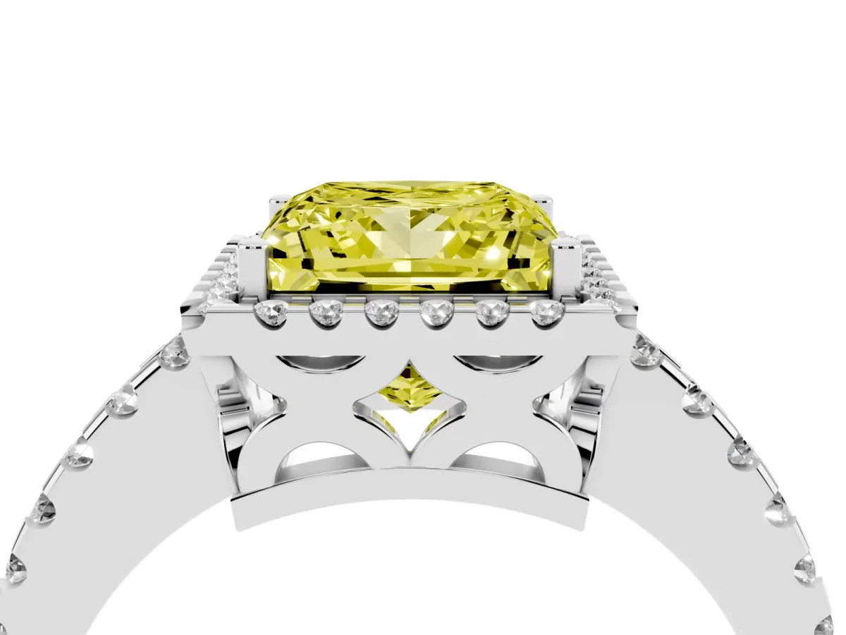 Fancy Yellow Princess Cut Diamond Halo Engagement Ring with Pavé Band and Prong Setting Silver