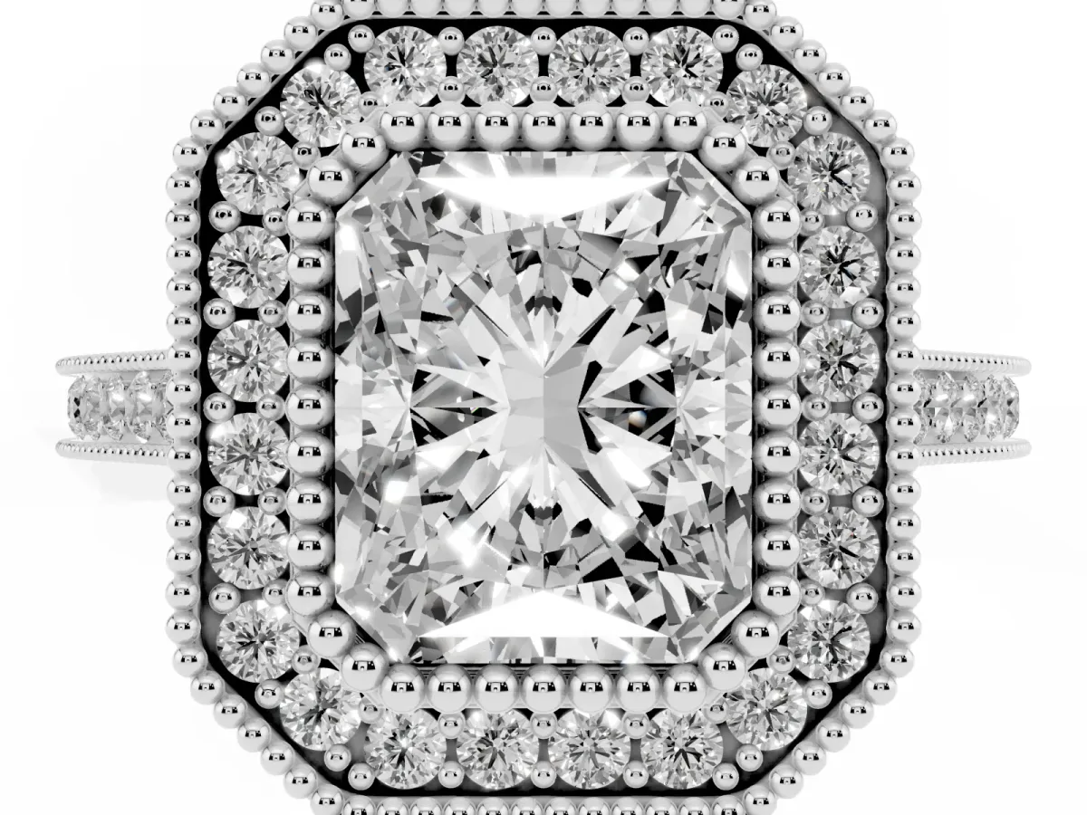 Radiant Cut Diamond Halo Ring with Milgrain Frame and Pavé Band Silver
