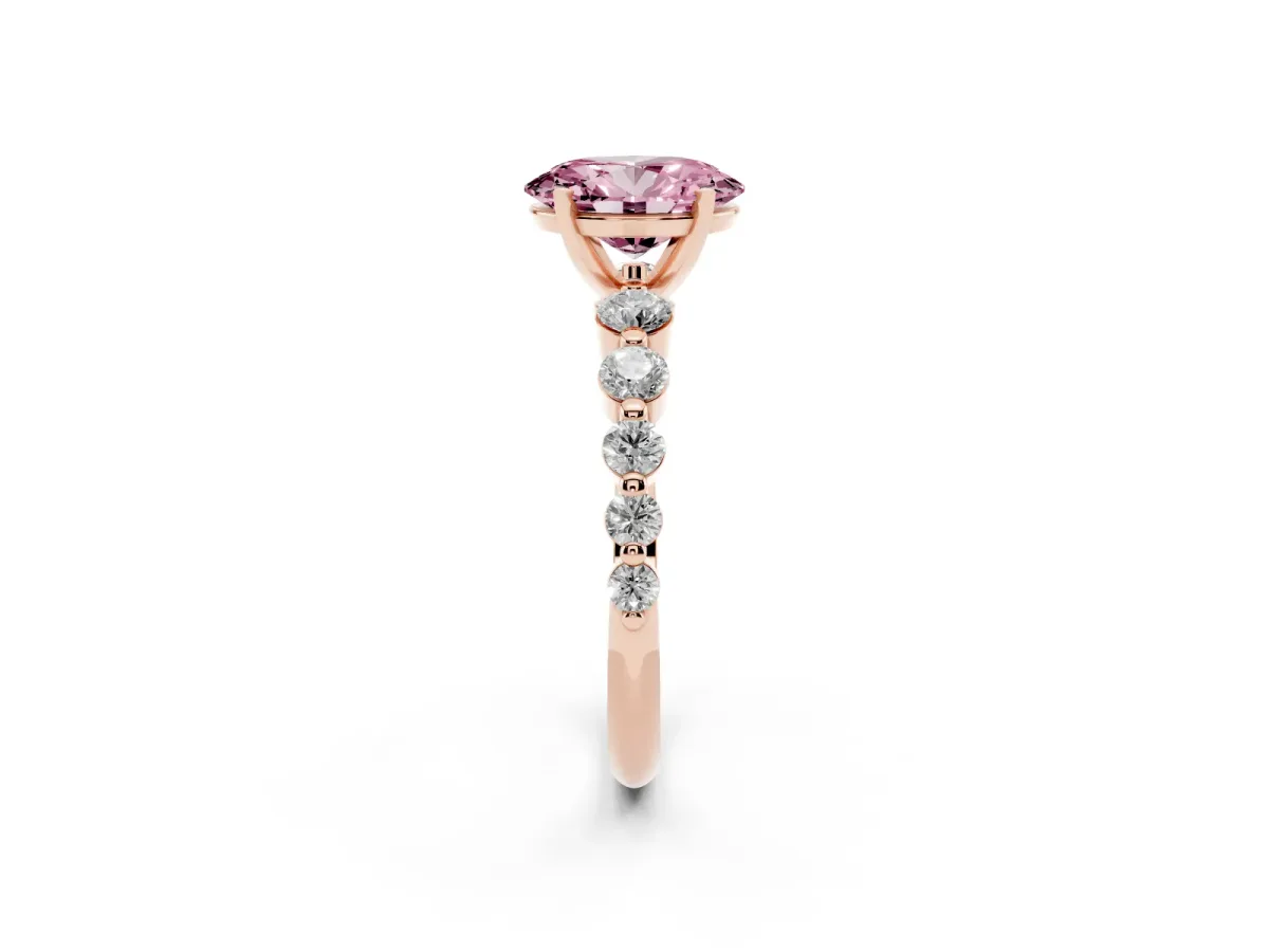 Fancy Pink Oval Cut Solitaire Diamond Ring with Pave Band and Four-Prong Setting Rose gold
