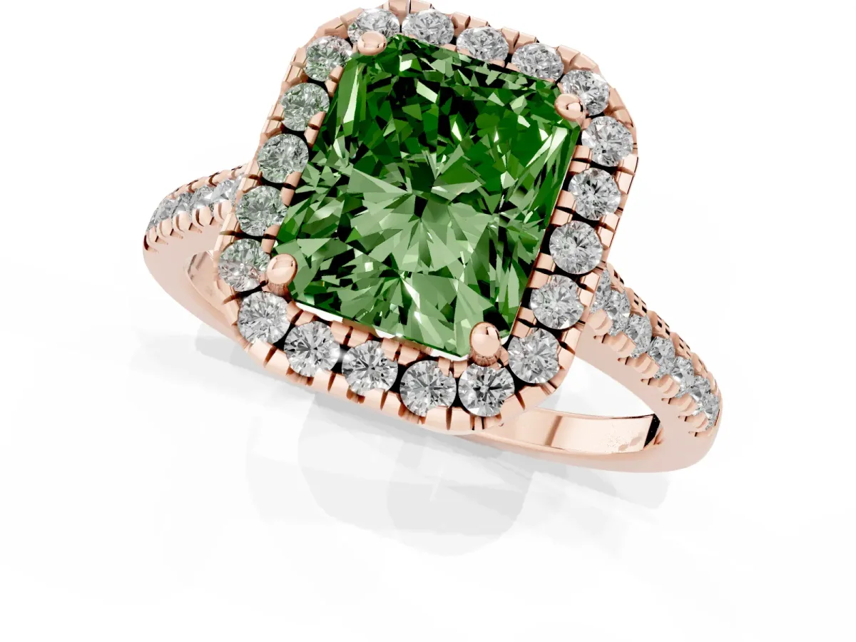 Fancy Green Radiant Cut Diamond Cushion Halo Ring with Pavé Band Rose gold