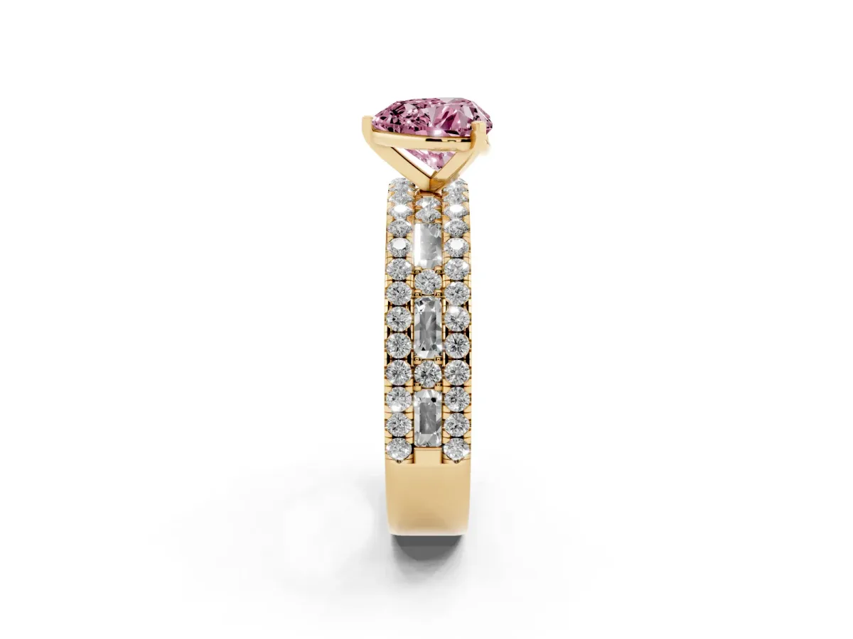 Fancy Pink Heart Cut Diamond Solitaire Ring with Pavé and Channel Set Band Yellow gold