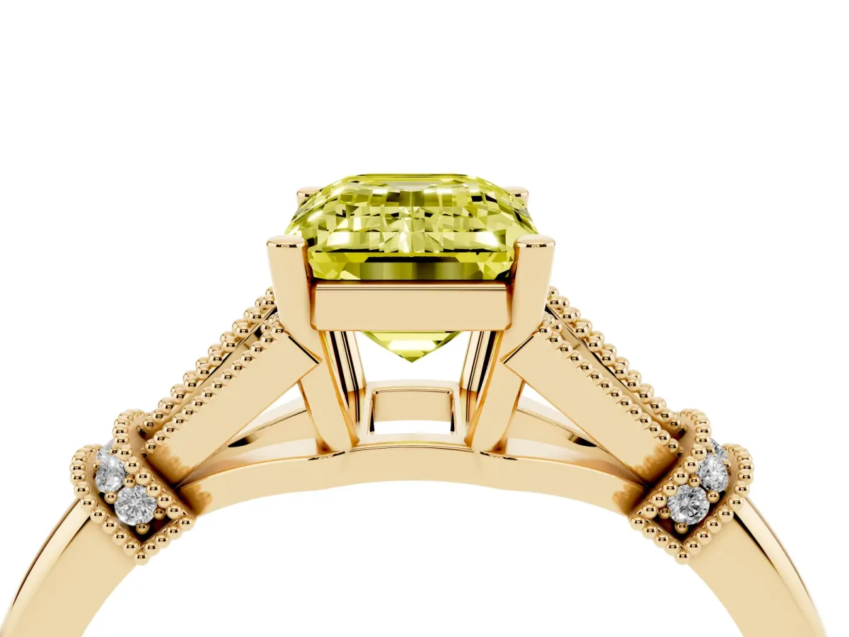 Fancy Yellow Emerald Cut Diamond Solitaire Ring with Floral Filigree and Pave Accents Yellow gold