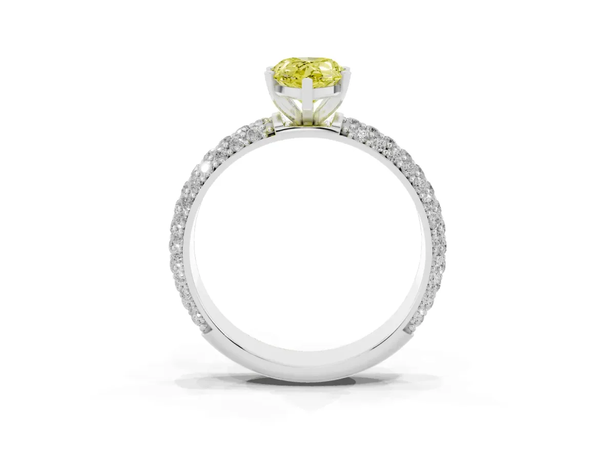 Fancy Yellow Pear Cut Diamond Solitaire Ring with Prong Setting and Pavé Band Silver