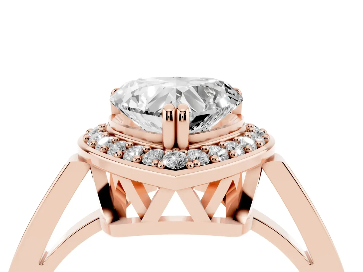 Heart Cut Diamond Halo Ring with Split Shank and Four-Prong Setting Rose gold