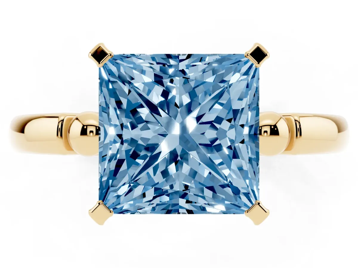 Fancy Blue Princess Cut Solitaire Beaded Band with Four-Prong Setting Yellow gold